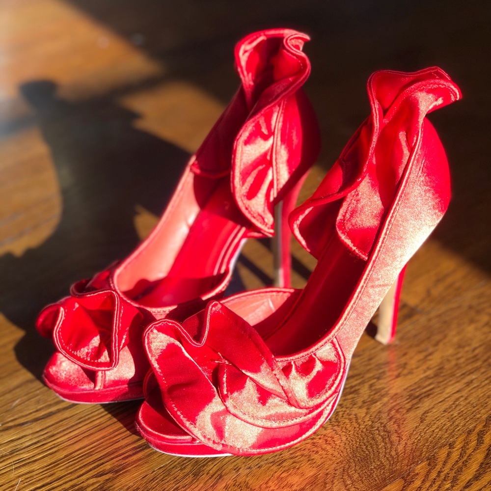 Ruffled Red Satin Heels